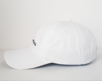 White baseball cap with a small logo on a light gray background